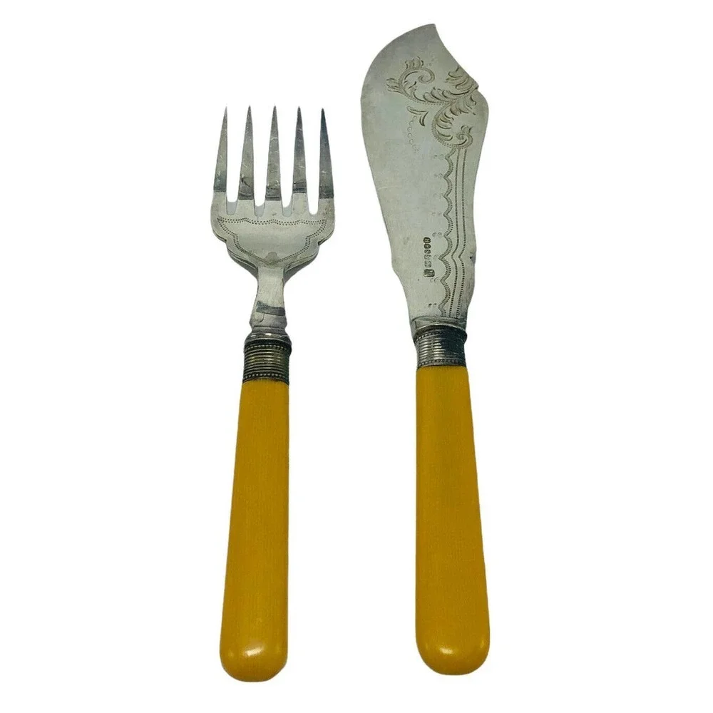 H.F & Co. Silver Plate Master Fish Fork and Knife Set Celluloid Handles 1910